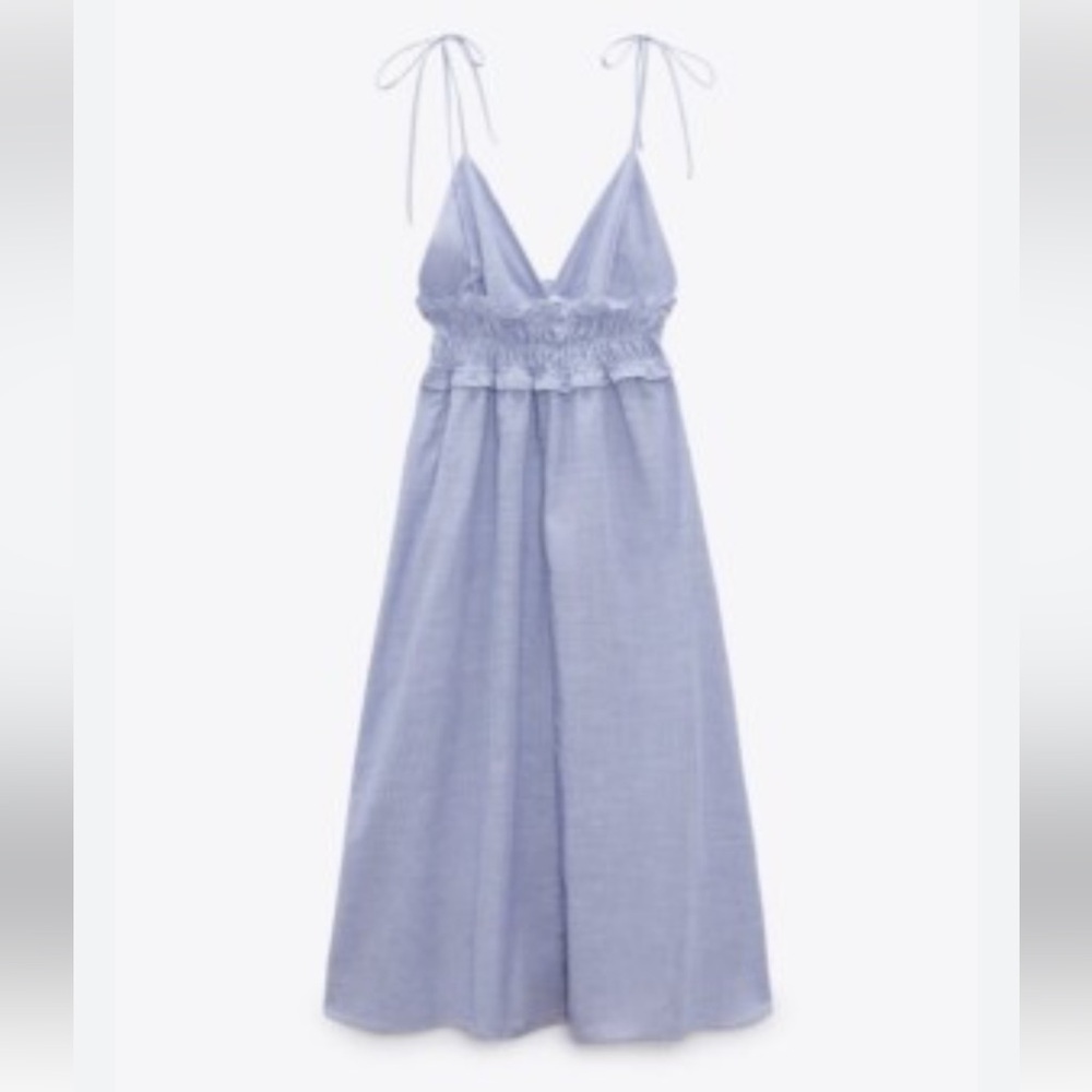 Zara Light Blue Smocked Waist Spaghetti Strap Maxi Dress